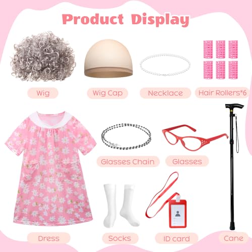 JASQQB Old Lady Costume for Kids – Complete Grandma Outfit with Wig and Accessories for 100 Days of School