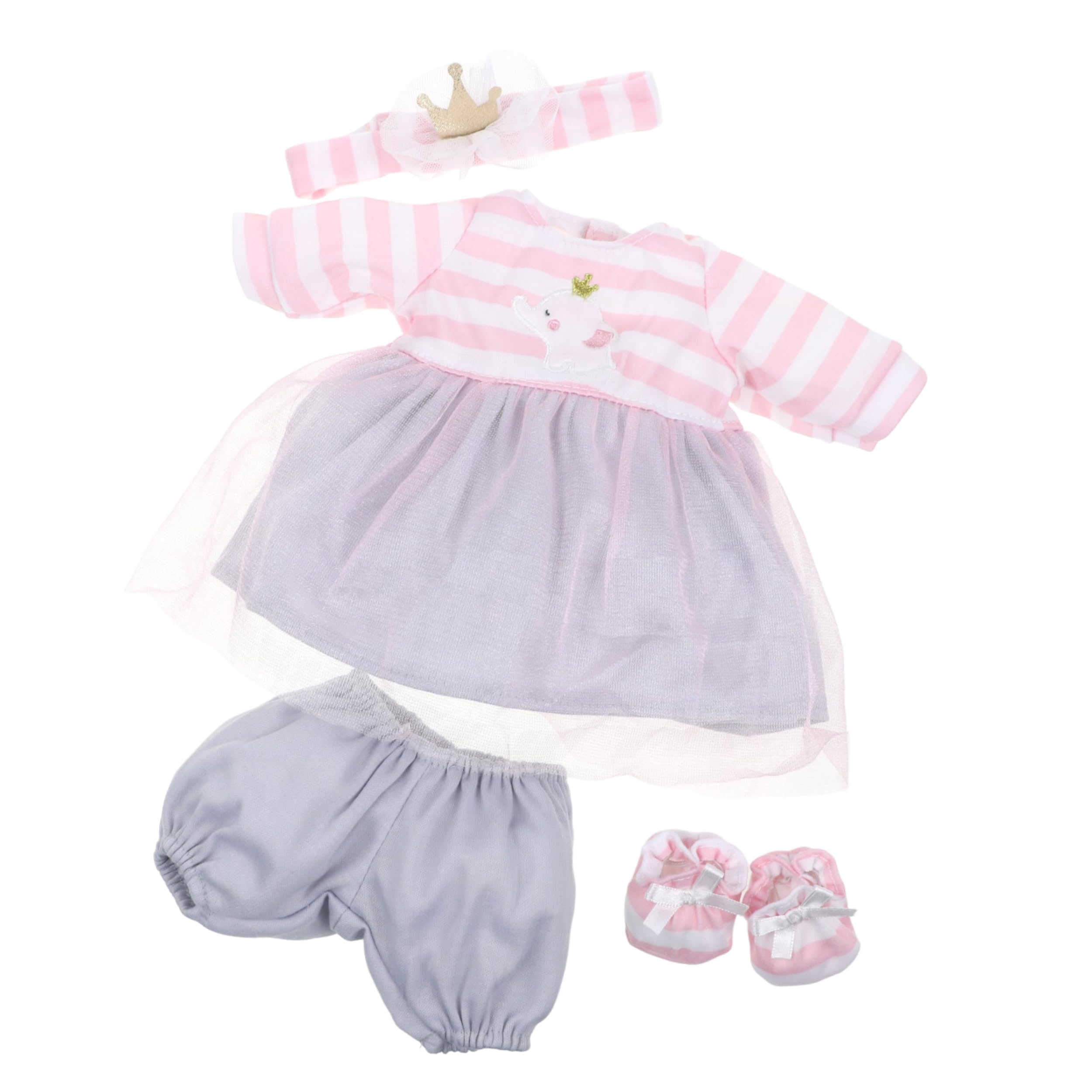 JC Toys Berenguer Boutique Baby Doll Outfit - Pink Striped Dress with Tulle Skirt, Shorts, Headband & Booties for 14-16 inch Dolls