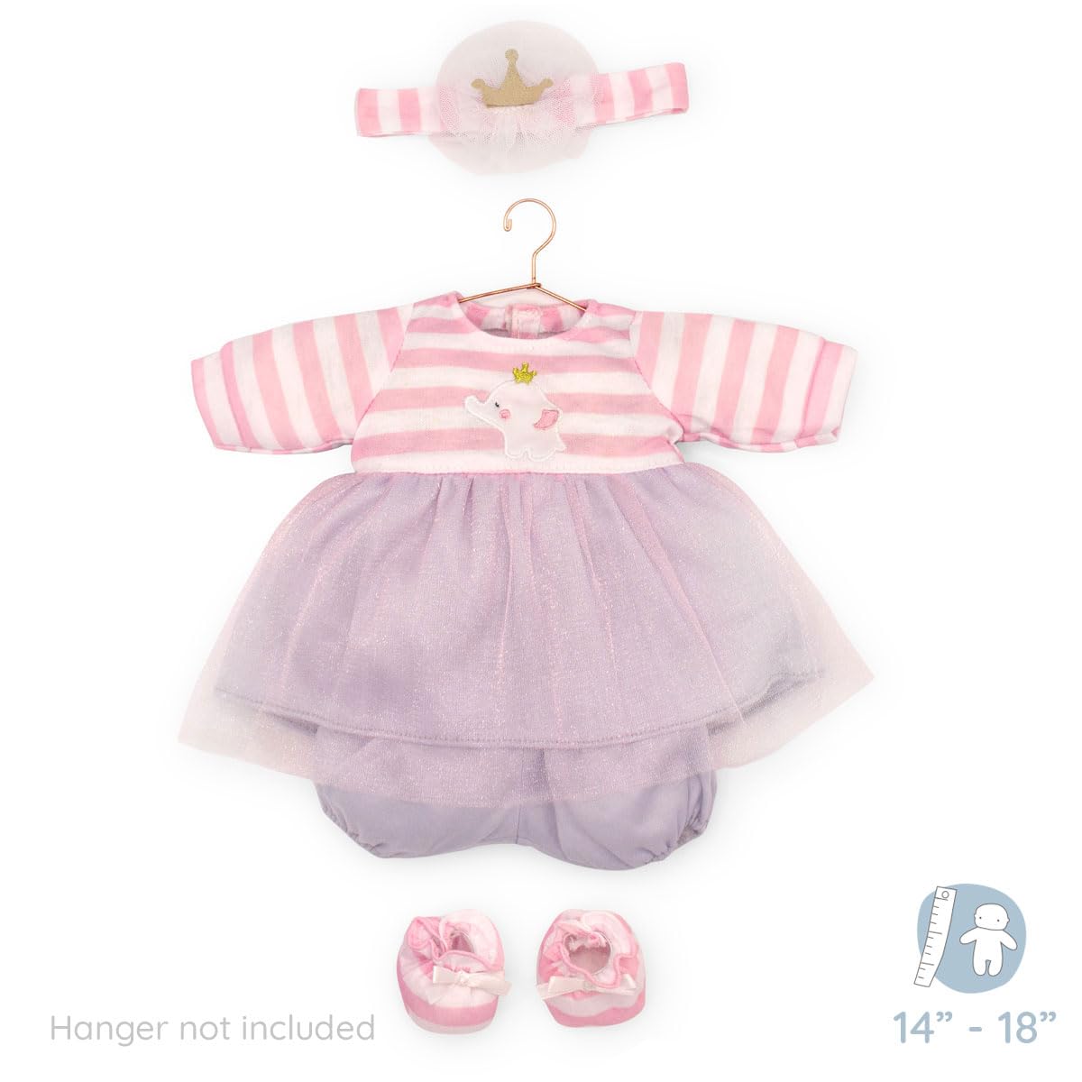 JC Toys Berenguer Boutique Baby Doll Outfit - Pink Striped Dress with Tulle Skirt, Shorts, Headband & Booties for 14-16 inch Dolls