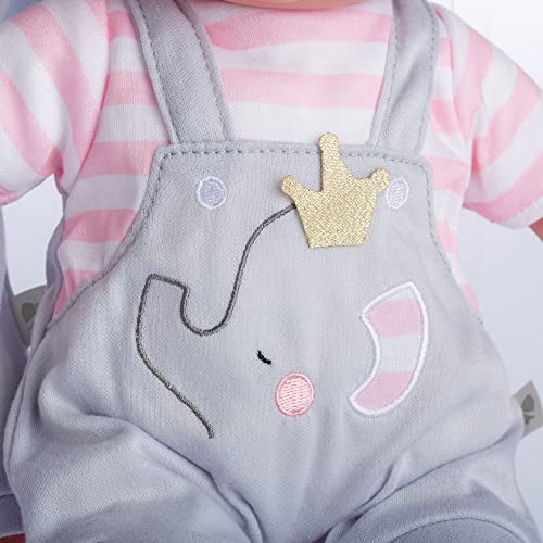 JC Toys Berenguer Boutique Baby Doll Outfit – Gray Overall Shorts with Pink Stripes, Headband & Booties, Fits Dolls 14-16 Inches