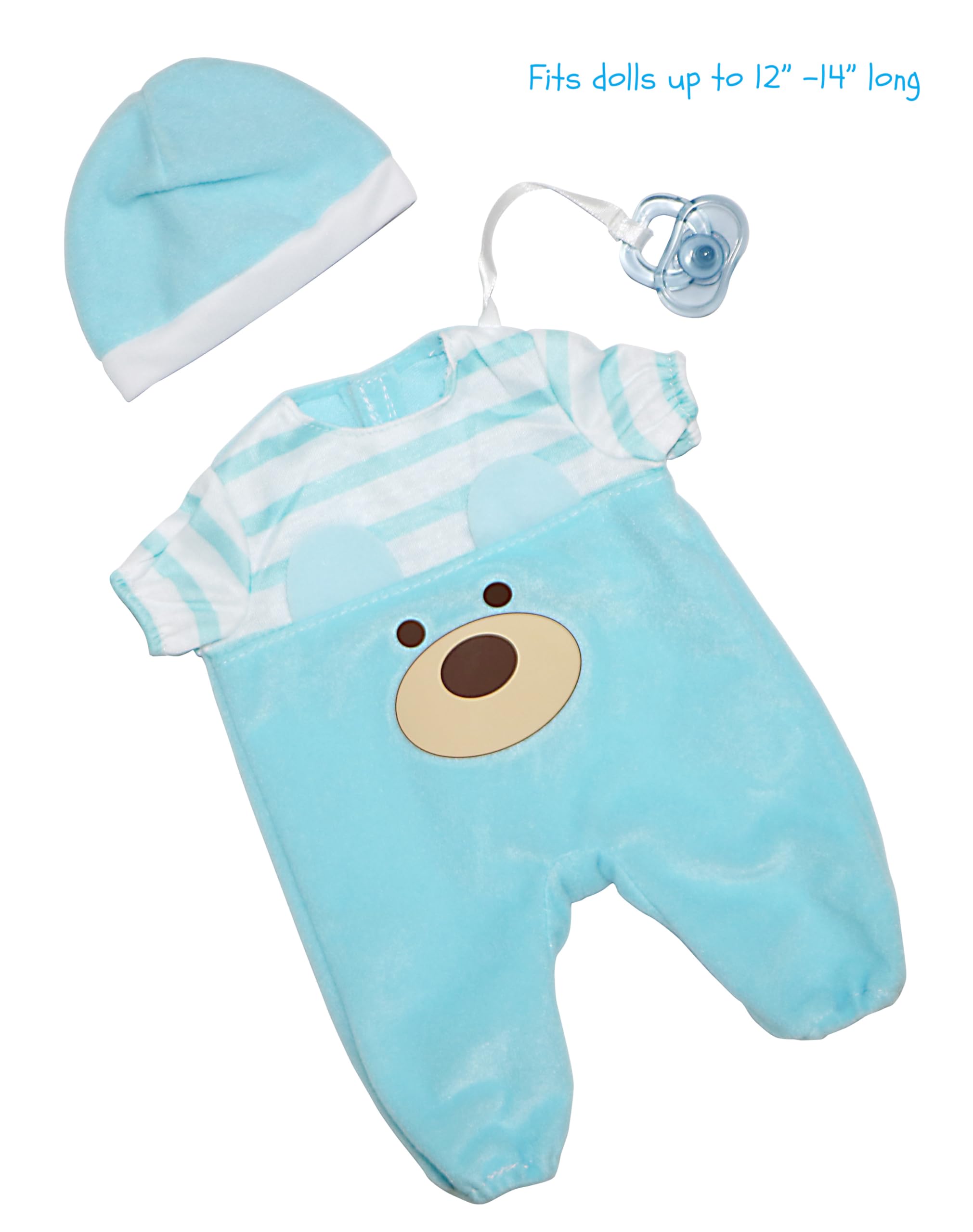 JC Toys Blue Bear Onesie for Dolls 12-14 Inches - Includes Hat and Pacifier