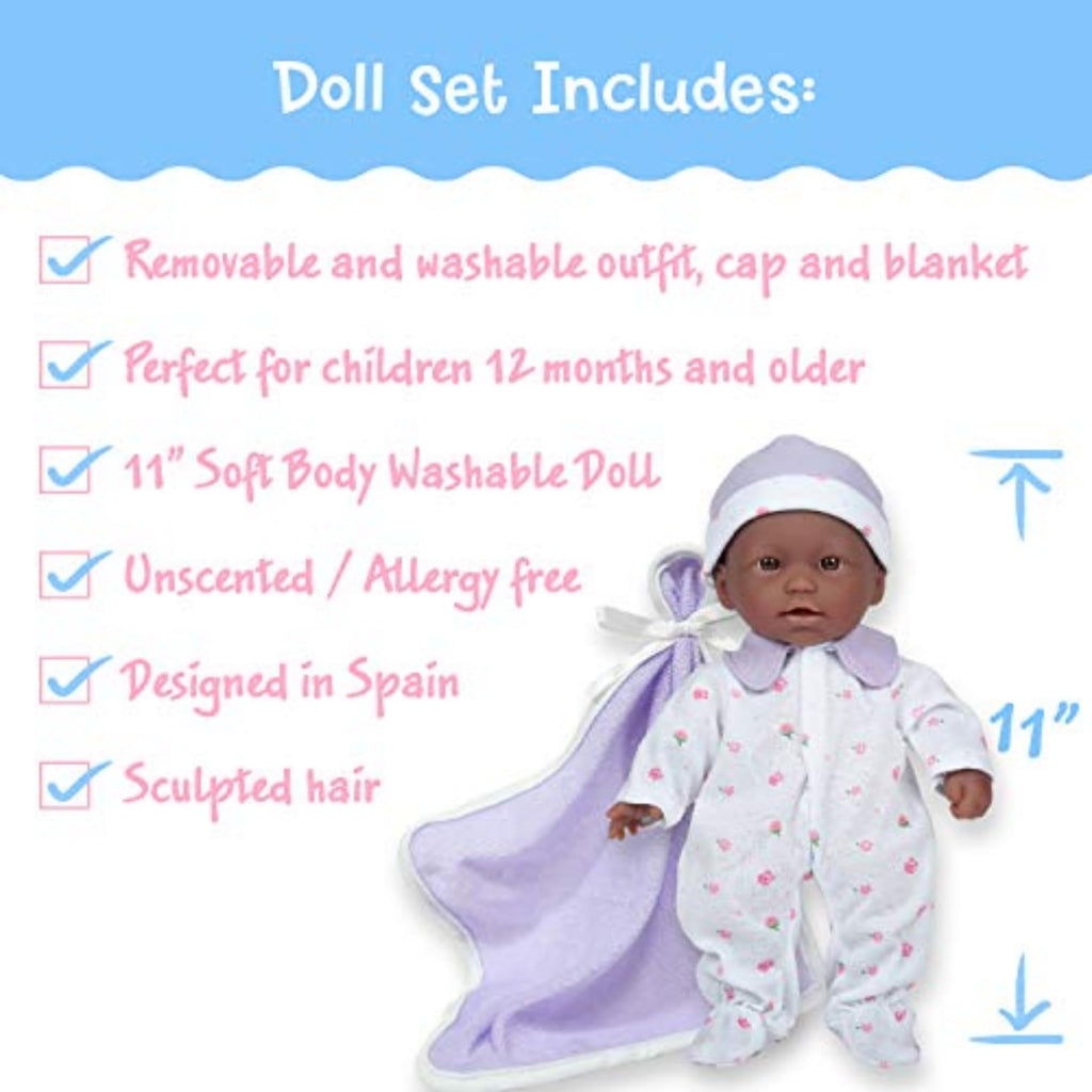 JC Toys La Baby African American 11-Inch Soft Baby Doll with Purple Outfit and Accessories for Toddlers 12 Months+