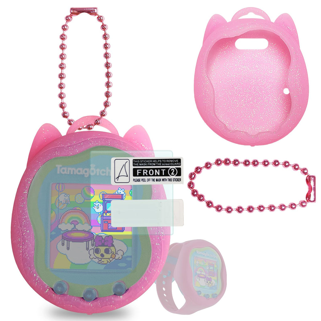JCHPINE Pink Silicone Case + Screen Protector for Tamagotchi Uni (Includes Lanyard Replacement)