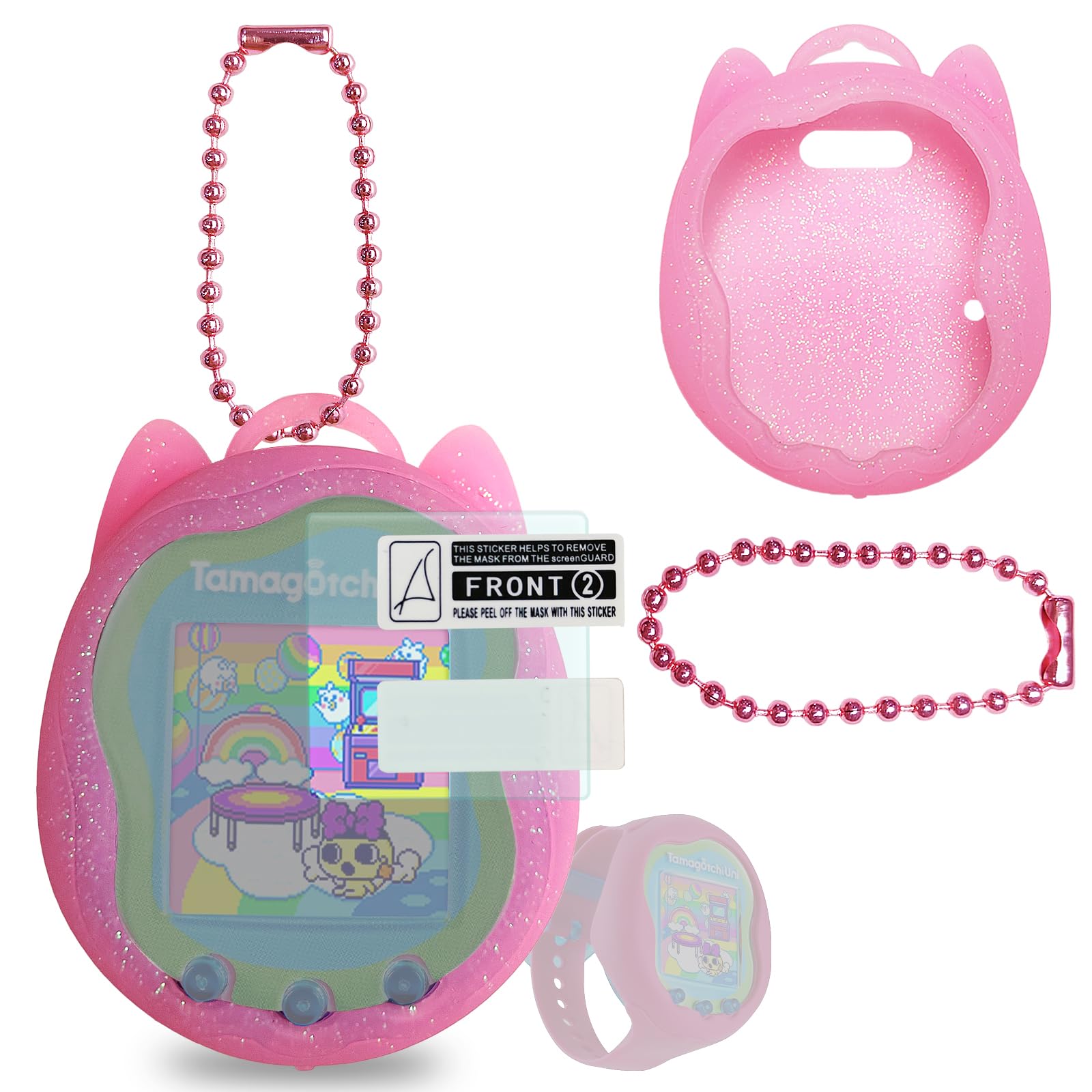 JCHPINE Pink Silicone Case + Screen Protector for Tamagotchi Uni (Includes Lanyard Replacement)
