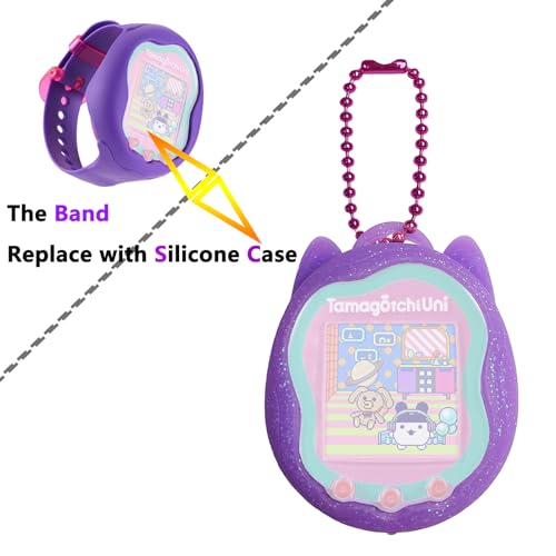 JCHPINE Purple Silicone Case and Screen Protector for Tamagotchi Uni with Color Chain