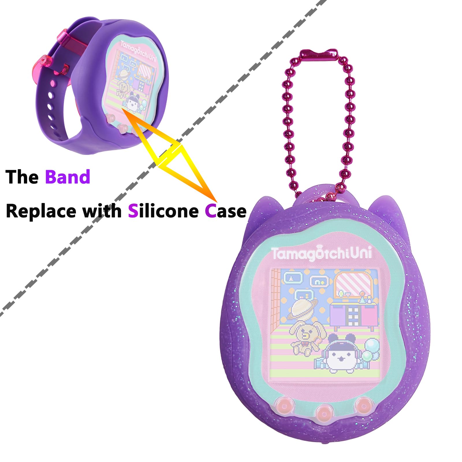 JCHPINE Purple Silicone Case and Screen Protector for Tamagotchi Uni with Color Chain
