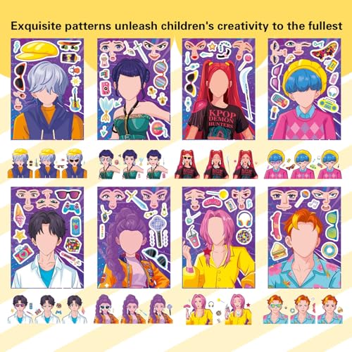 JCQAYB 16 Sheets Demon Hunter Make-a-Face Stickers – DIY Craft, Party Favors & Gift Idea