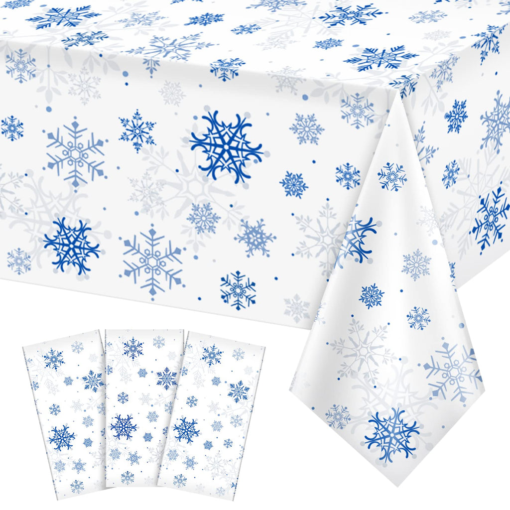Jectivs 3-Pack Plastic Snowflake Tablecloths for Christmas Parties – 54x108 Inches, White and Blue
