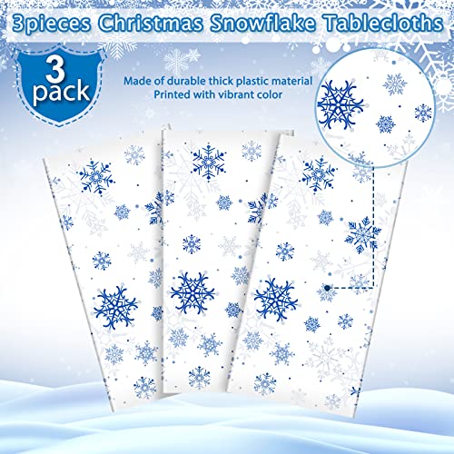 Jectivs 3-Pack Plastic Snowflake Tablecloths for Christmas Parties – 54x108 Inches, White and Blue