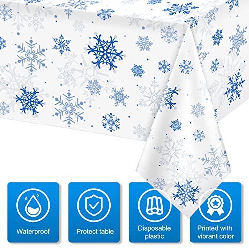 Jectivs 3-Pack Plastic Snowflake Tablecloths for Christmas Parties – 54x108 Inches, White and Blue