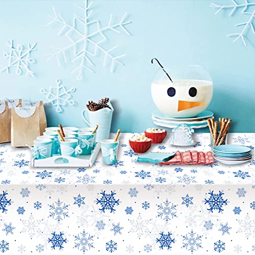 Jectivs 3-Pack Plastic Snowflake Tablecloths for Christmas Parties – 54x108 Inches, White and Blue