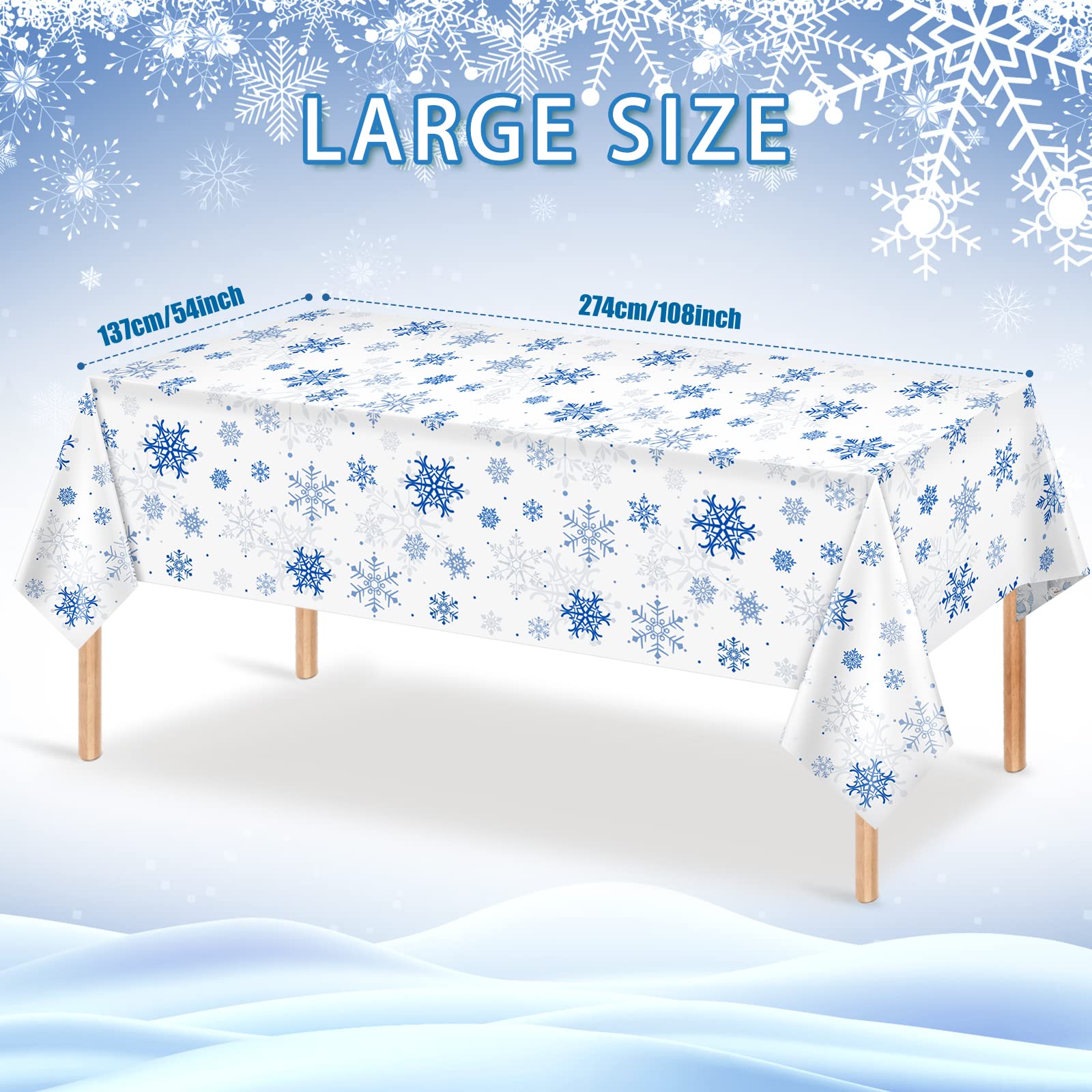 Jectivs 3-Pack Plastic Snowflake Tablecloths for Christmas Parties – 54x108 Inches, White and Blue
