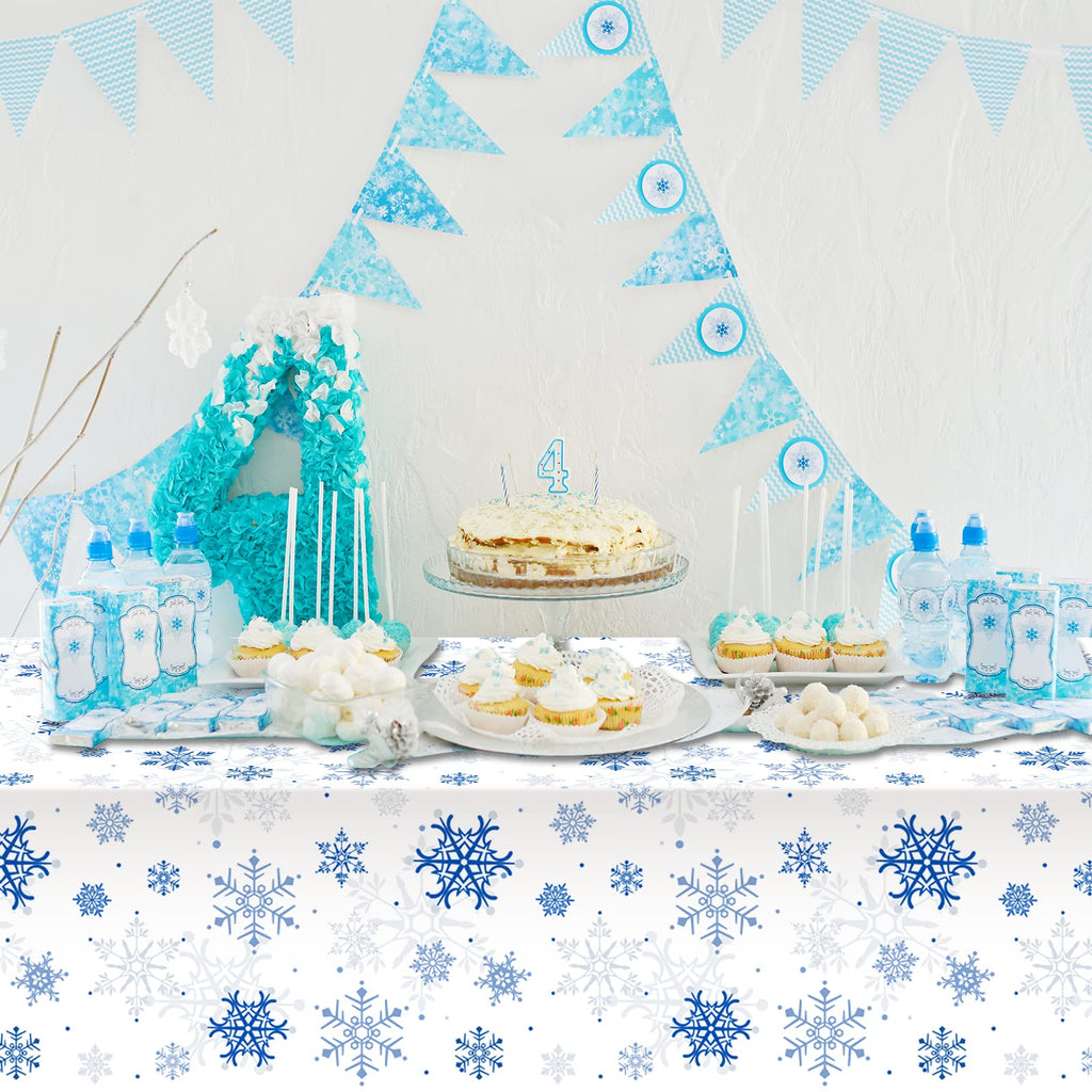 Jectivs 3-Pack Plastic Snowflake Tablecloths for Christmas Parties – 54x108 Inches, White and Blue