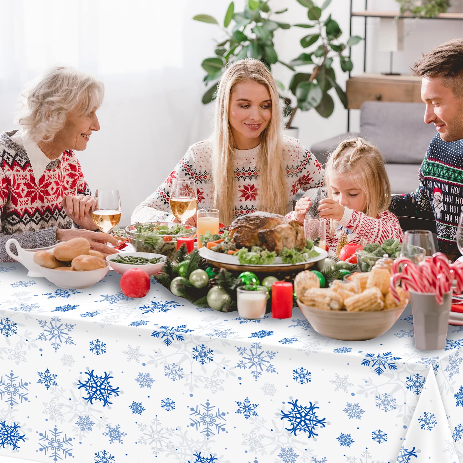 Jectivs 3-Pack Plastic Snowflake Tablecloths for Christmas Parties – 54x108 Inches, White and Blue