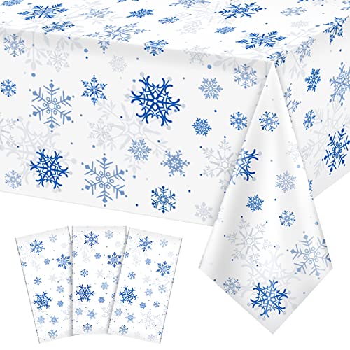 Jectivs 3-Pack Plastic Snowflake Tablecloths for Christmas Parties – 54x108 Inches, White and Blue