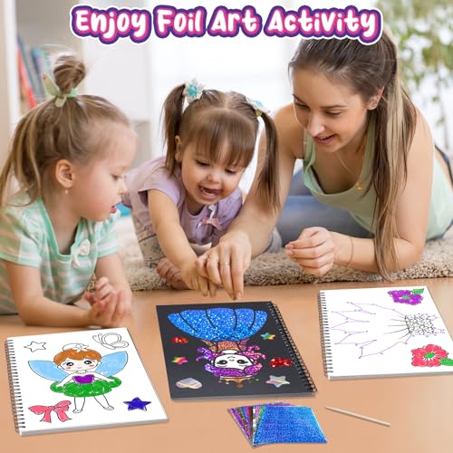 Jectivs Foil Art Kit for Kids: No Mess DIY Craft Set with 80 Foil Sheets, Princess & Mermaid Dress Up, Travel Activity for Ages 4-9