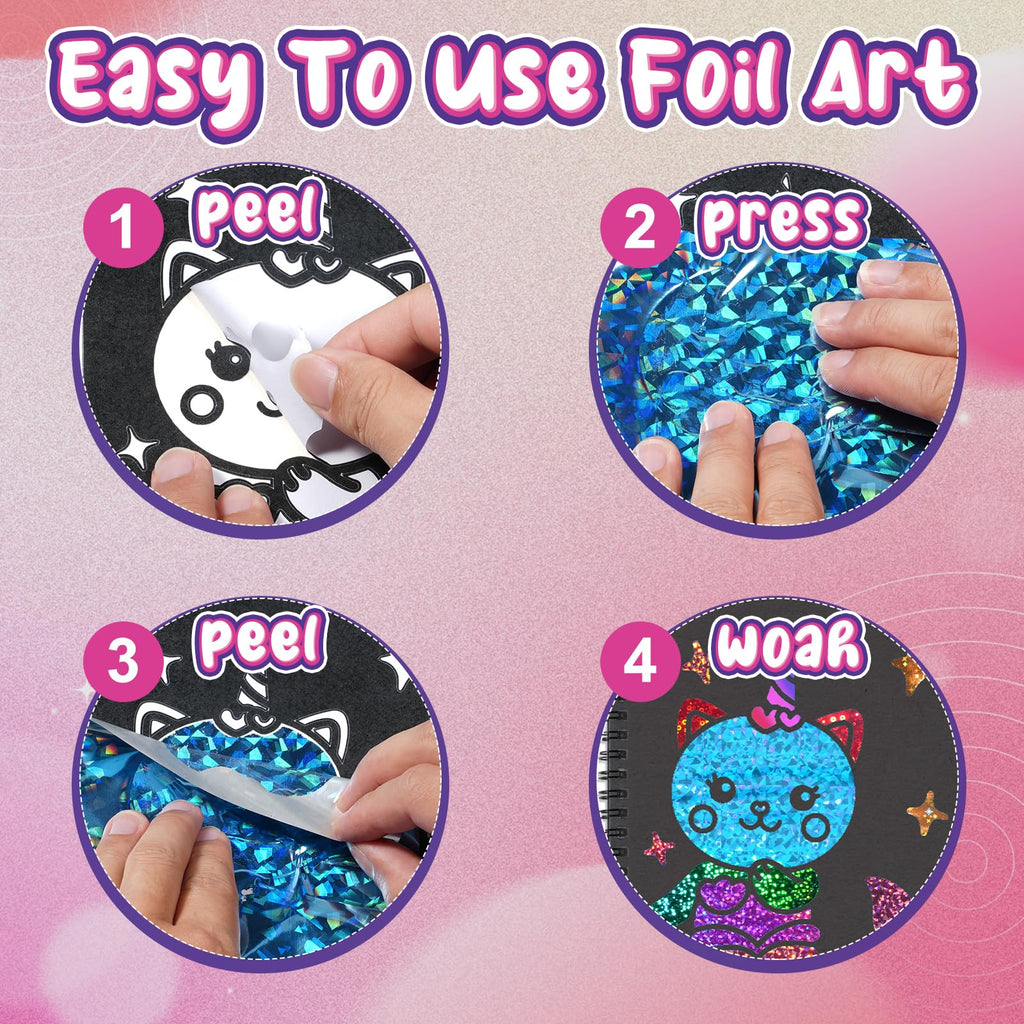 Jectivs Foil Art Kit for Kids: No Mess DIY Craft Set with 80 Foil Sheets, Princess & Mermaid Dress Up, Travel Activity for Ages 4-9