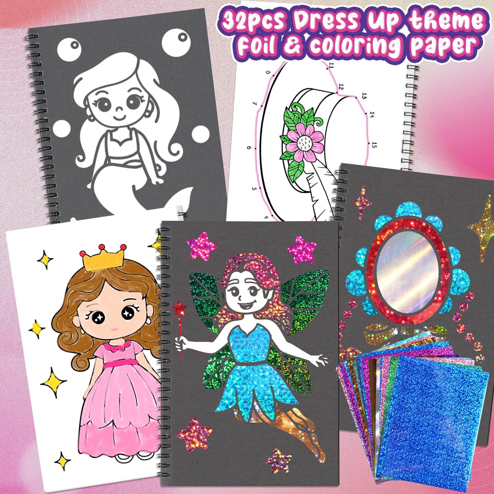 Jectivs Foil Art Kit for Kids: No Mess DIY Craft Set with 80 Foil Sheets, Princess & Mermaid Dress Up, Travel Activity for Ages 4-9