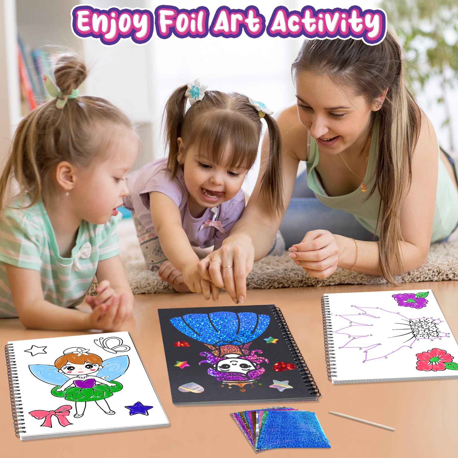 Jectivs Foil Art Kit for Kids: No Mess DIY Craft Set with 80 Foil Sheets, Princess & Mermaid Dress Up, Travel Activity for Ages 4-9