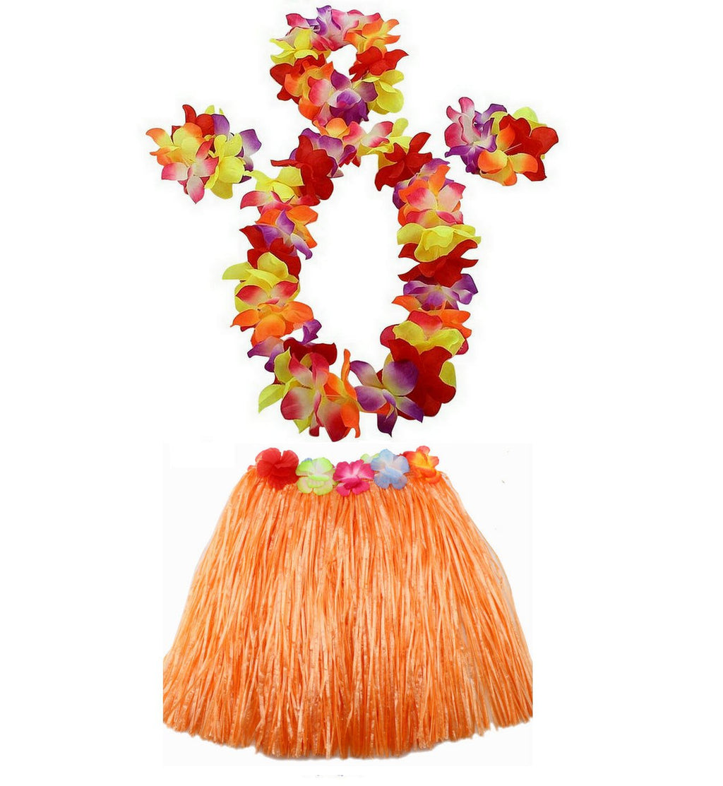 JEKANEL Kids Hawaiian Hula Skirt Set – 40cm Double Layer Thickened with Flower Accessories