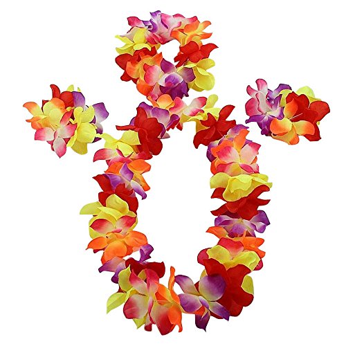 JEKANEL Kids Hawaiian Hula Skirt Set – 40cm Double Layer Thickened with Flower Accessories
