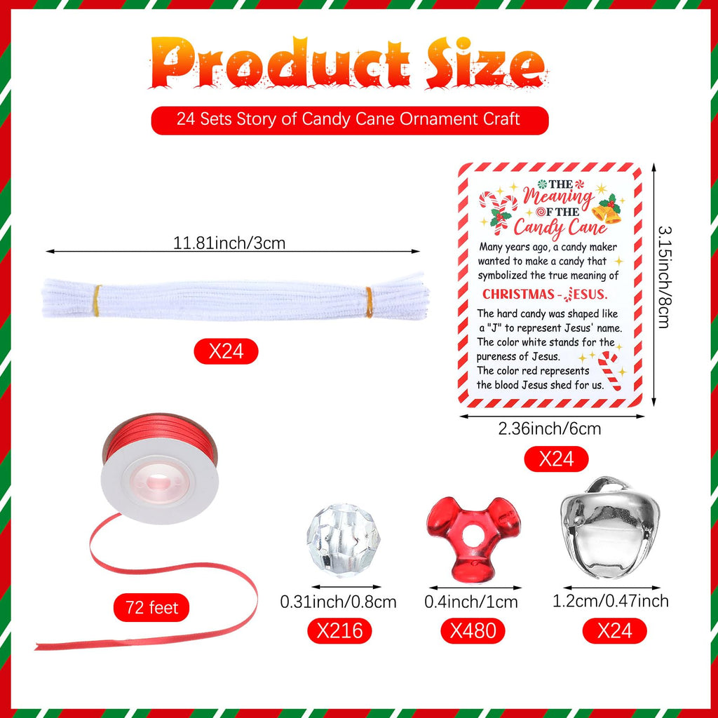 JellyArch 24-Set Candy Cane Ornament Craft Kit with Beads, Bells, and Story Cards – Red