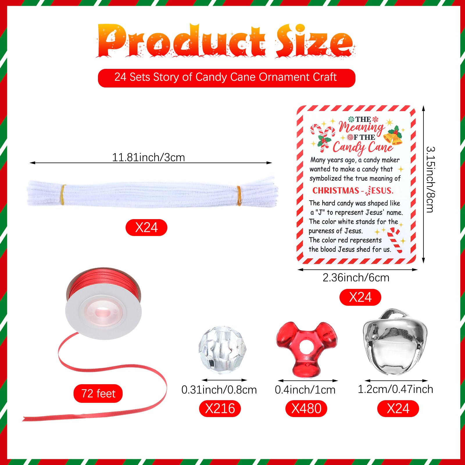 JellyArch 24-Set Candy Cane Ornament Craft Kit with Beads, Bells, and Story Cards – Red