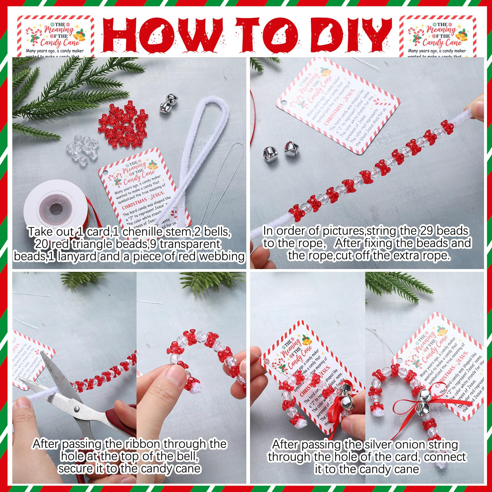 JellyArch 24-Set Candy Cane Ornament Craft Kit with Beads, Bells, and Story Cards – Red
