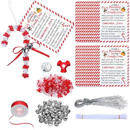 JellyArch 24-Set Candy Cane Ornament Craft Kit with Beads, Bells, and Story Cards – Red