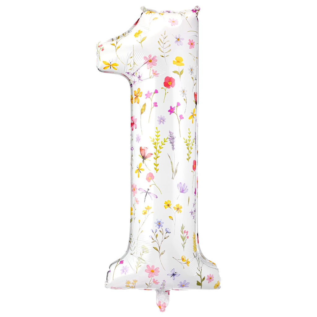 Jenaai 40-Inch Wildflower Number 1 Balloon – First Birthday Floral Party Decoration with Straw