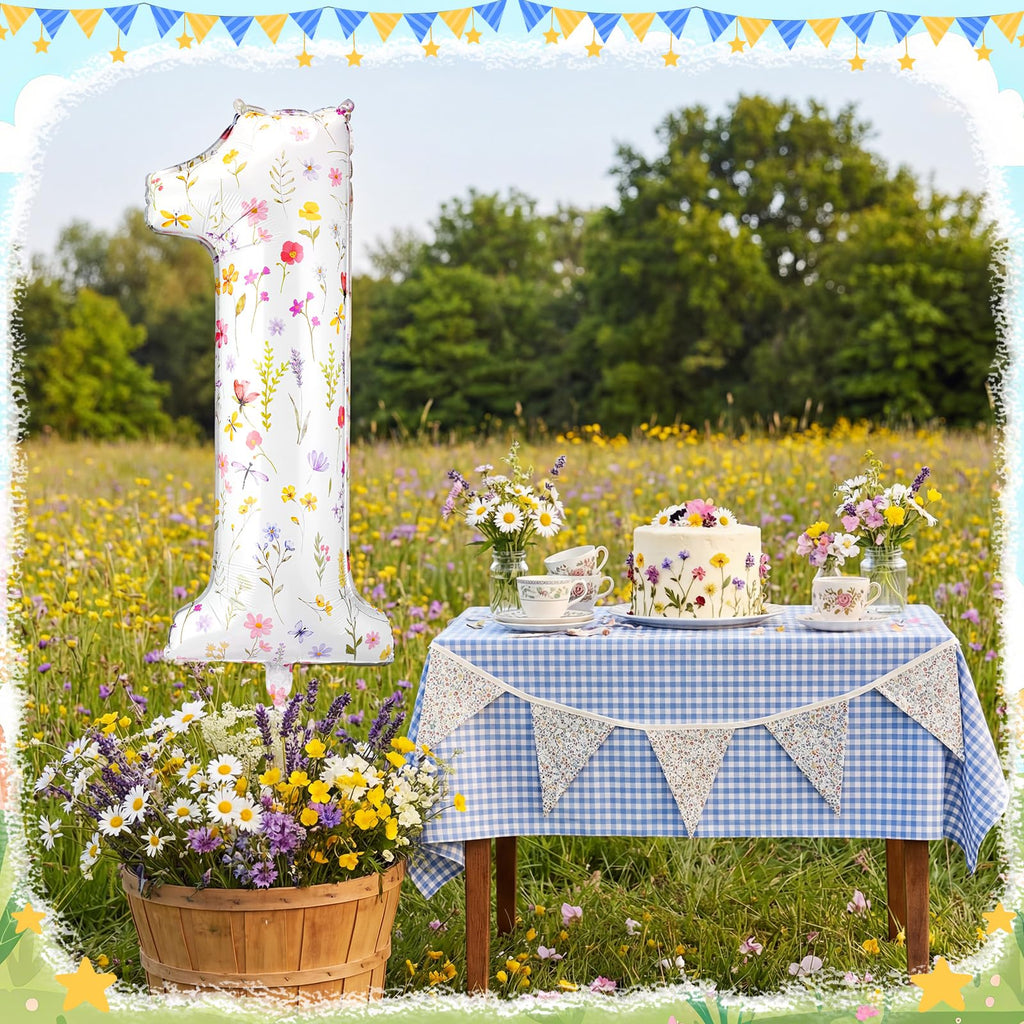 Jenaai 40-Inch Wildflower Number 1 Balloon – First Birthday Floral Party Decoration with Straw