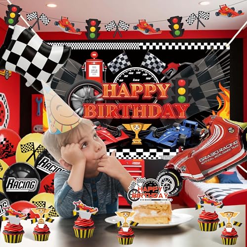 jenlion Race Car Birthday Party Decorations Set – Backdrop, Banner, Balloons, Tablecloth & Cake Toppers