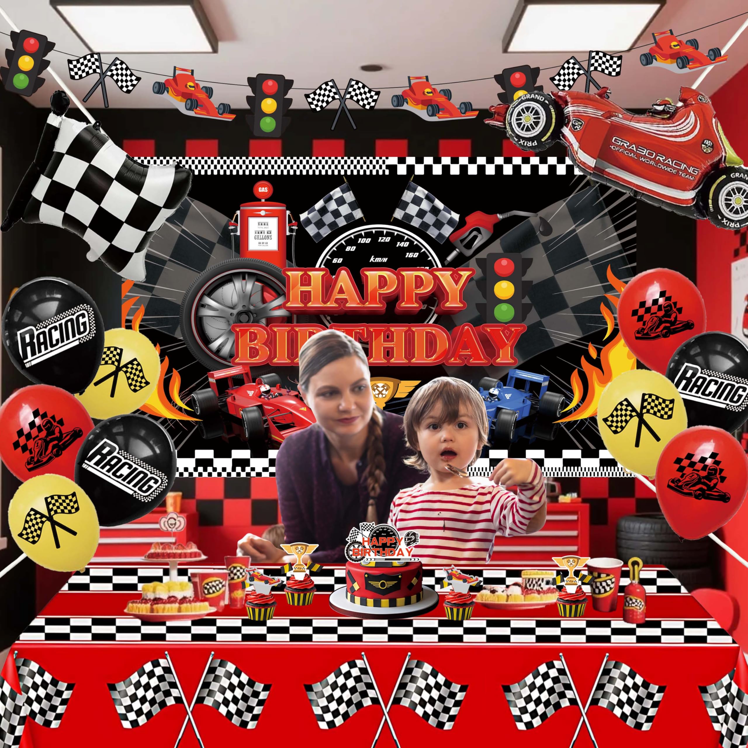 jenlion Race Car Birthday Party Decorations Set – Backdrop, Banner, Balloons, Tablecloth & Cake Toppers