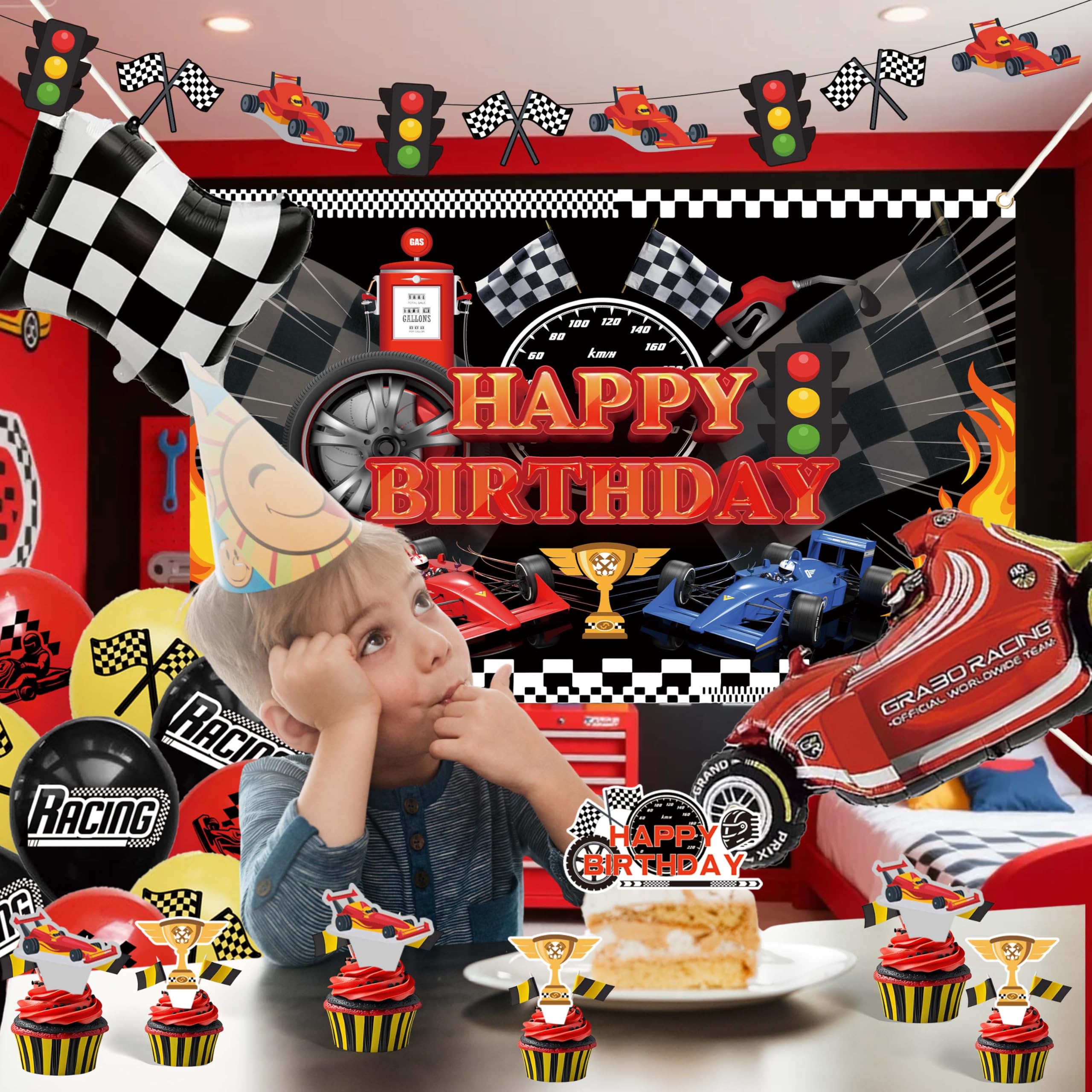 jenlion Race Car Birthday Party Decorations Set – Backdrop, Banner, Balloons, Tablecloth & Cake Toppers