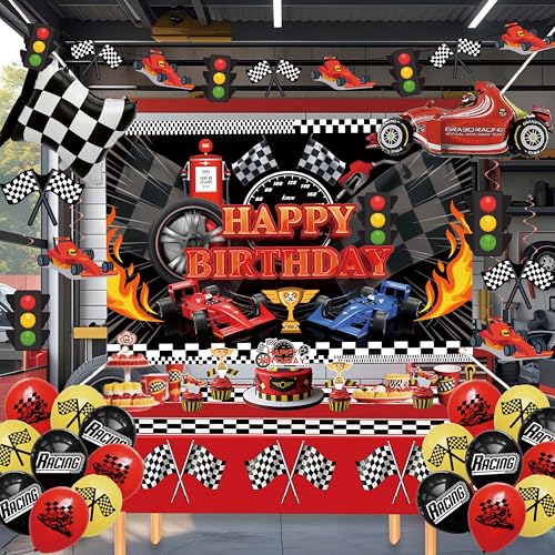 jenlion Race Car Birthday Party Decorations Set – Backdrop, Banner, Balloons, Tablecloth & Cake Toppers