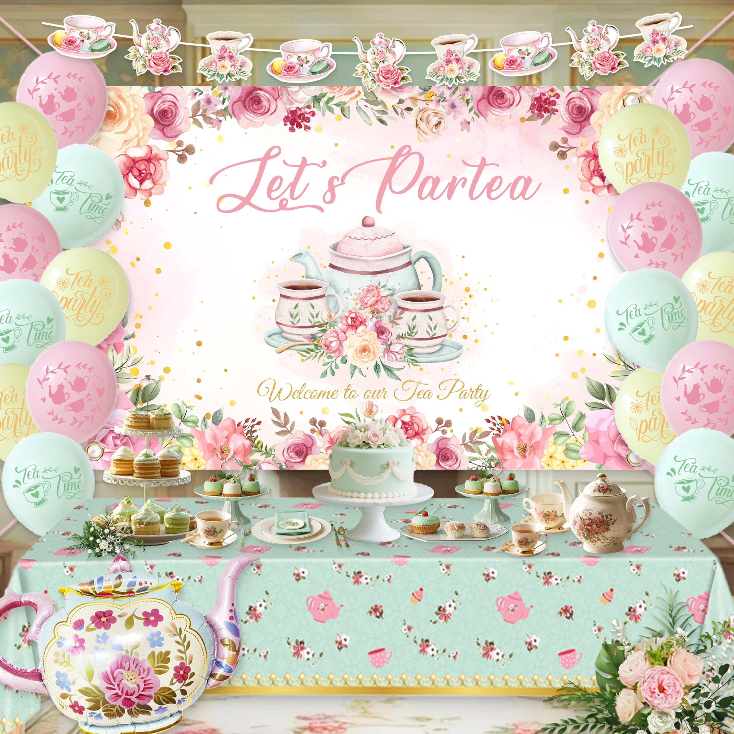 Jenlion Tea Party Decorations Kit – Pastel Balloons, Backdrop, Teapot Foil Balloon & Tablecloth for Women's Birthday or Bridal Shower