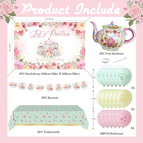 Jenlion Tea Party Decorations Kit – Pastel Balloons, Backdrop, Teapot Foil Balloon & Tablecloth for Women's Birthday or Bridal Shower
