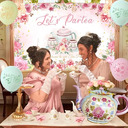 Jenlion Tea Party Decorations Kit – Pastel Balloons, Backdrop, Teapot Foil Balloon & Tablecloth for Women's Birthday or Bridal Shower