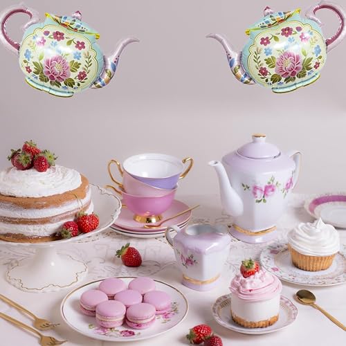 Jenlion Tea Party Decorations Kit – Pastel Balloons, Backdrop, Teapot Foil Balloon & Tablecloth for Women's Birthday or Bridal Shower