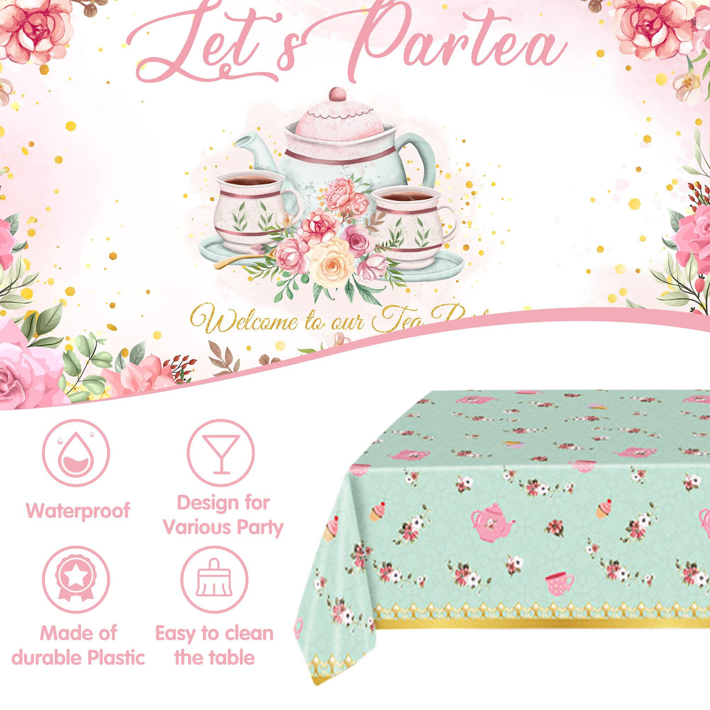 Jenlion Tea Party Decorations Kit – Pastel Balloons, Backdrop, Teapot Foil Balloon & Tablecloth for Women's Birthday or Bridal Shower
