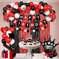 jenmir Red and Black Birthday Decoration Set - Fringe Backdrop, Balloons, Cake Toppers for Women & Girls