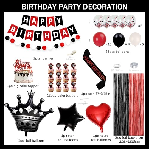 jenmir Red and Black Birthday Decoration Set - Fringe Backdrop, Balloons, Cake Toppers for Women & Girls