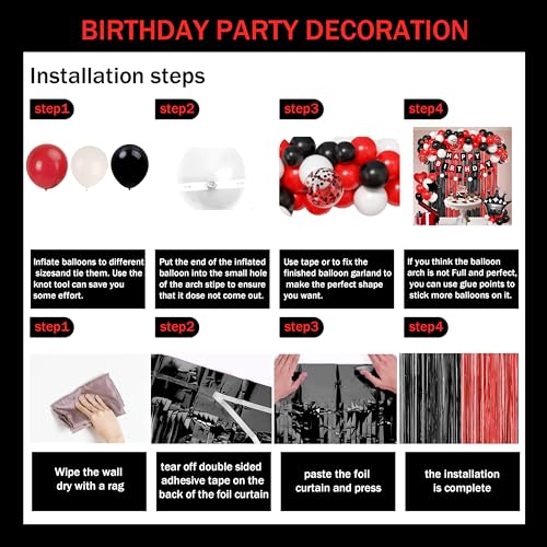 jenmir Red and Black Birthday Decoration Set - Fringe Backdrop, Balloons, Cake Toppers for Women & Girls