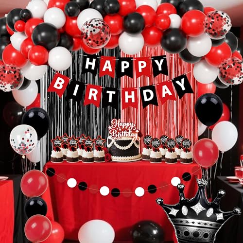 jenmir Red and Black Birthday Decoration Set - Fringe Backdrop, Balloons, Cake Toppers for Women & Girls