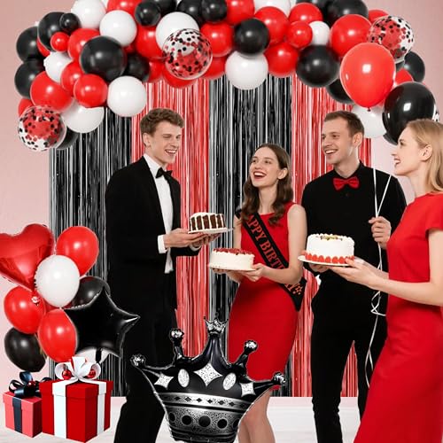 jenmir Red and Black Birthday Decoration Set - Fringe Backdrop, Balloons, Cake Toppers for Women & Girls