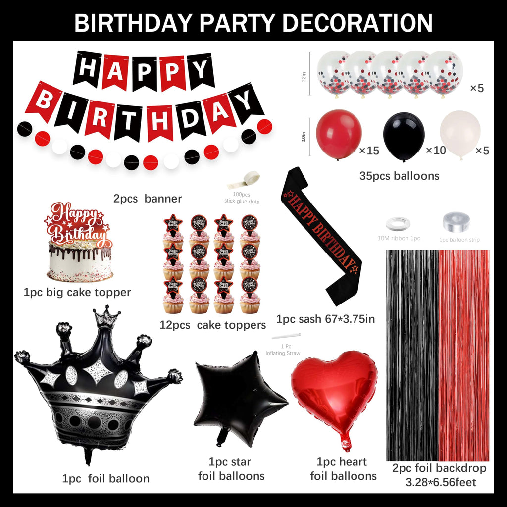 jenmir Red and Black Birthday Decoration Set - Fringe Backdrop, Balloons, Cake Toppers for Women & Girls