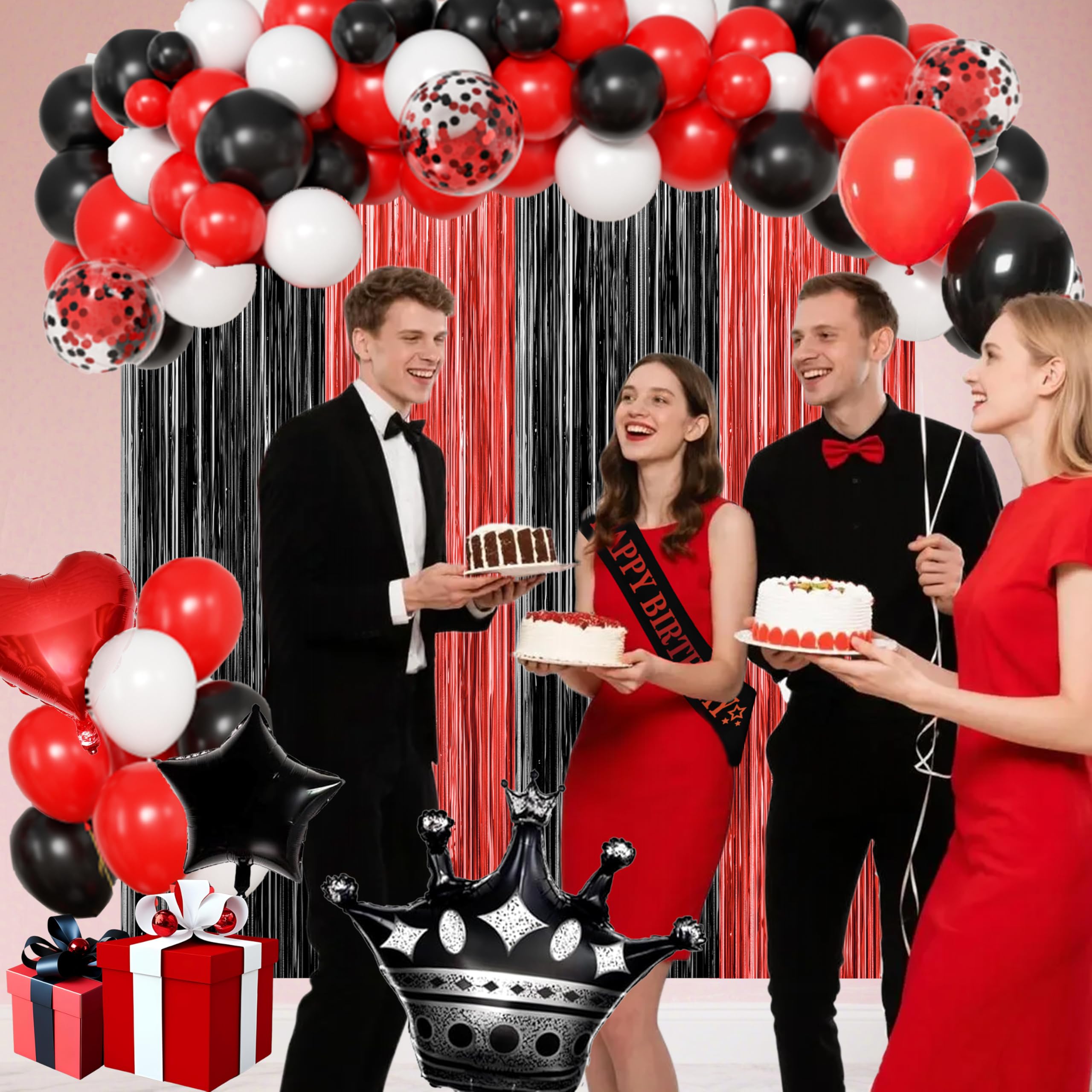 jenmir Red and Black Birthday Decoration Set - Fringe Backdrop, Balloons, Cake Toppers for Women & Girls
