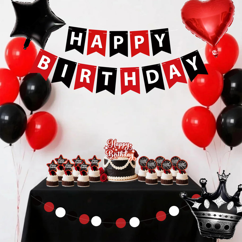 jenmir Red and Black Birthday Decoration Set - Fringe Backdrop, Balloons, Cake Toppers for Women & Girls