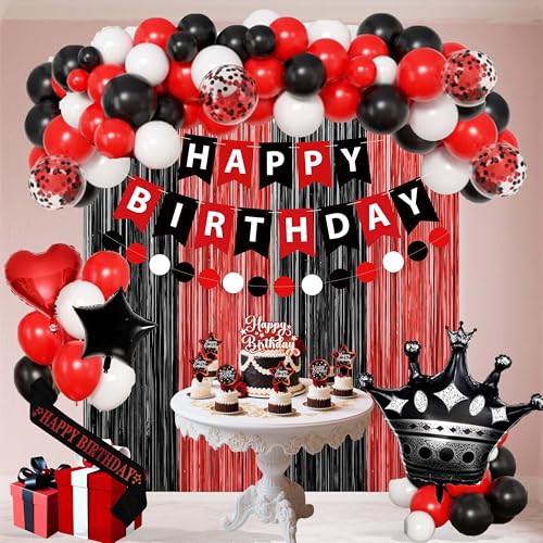 jenmir Red and Black Birthday Decoration Set - Fringe Backdrop, Balloons, Cake Toppers for Women & Girls