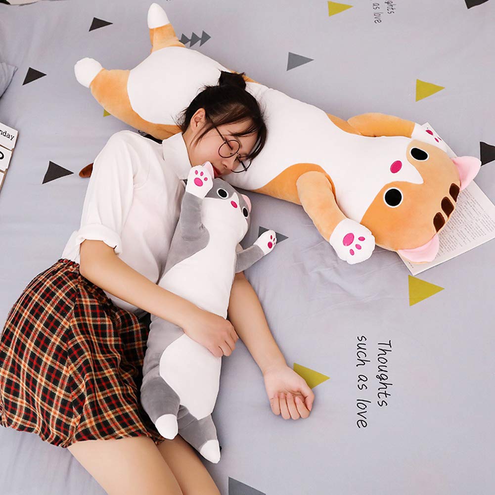 Jensquaify Gray Cat Plush Hugging Pillow - 27.5 Inch Soft Long Body Pillow for Kids